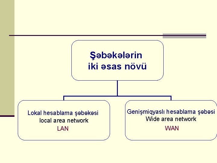 Şəbəkələrin iki əsas növü Lokal hesablama şəbəkəsi local area network LAN Genişmiqyaslı hesablama şəbəsi