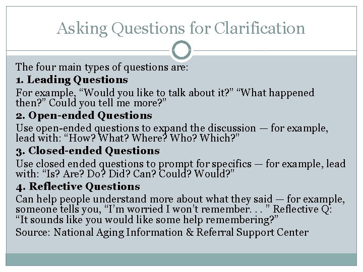 Asking Questions for Clarification The four main types of questions are: 1. Leading Questions