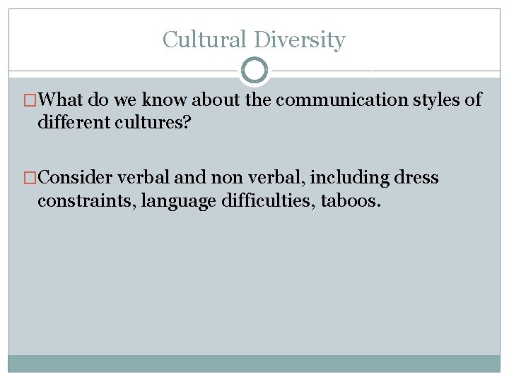 Cultural Diversity �What do we know about the communication styles of different cultures? �Consider