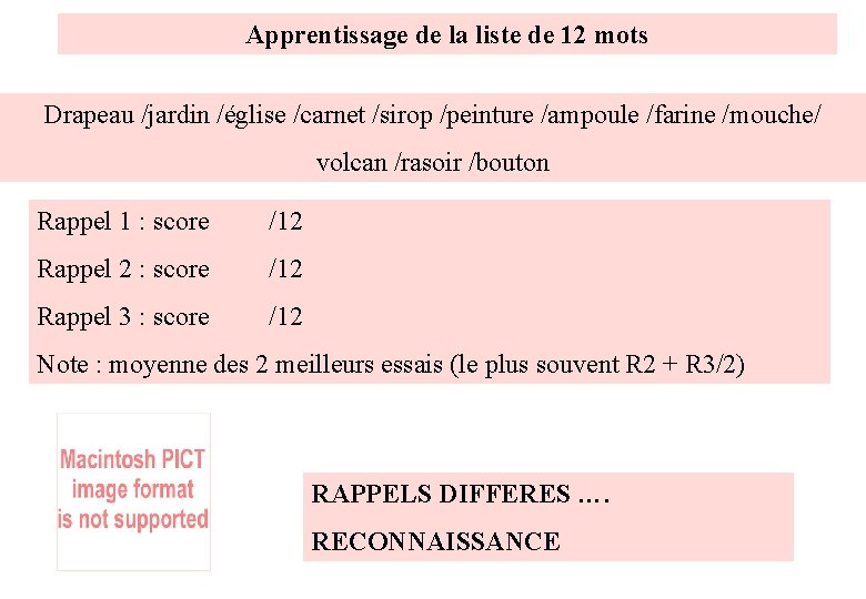 Apprentissage de la liste de 12 mots Drapeau /jardin /église /carnet /sirop /peinture /ampoule