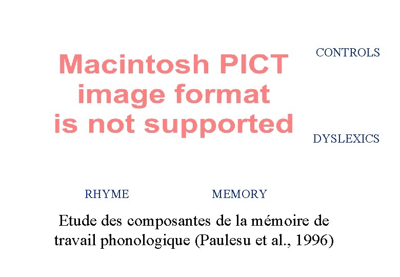 CONTROLS DYSLEXICS RHYME MEMORY Etude des composantes de la mémoire de travail phonologique (Paulesu