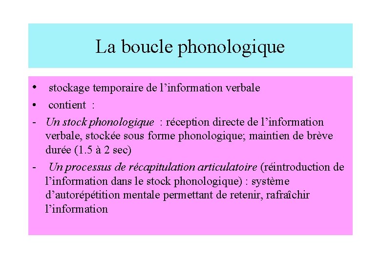 La boucle phonologique • stockage temporaire de l’information verbale • contient : - Un