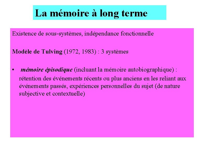 La mémoire à long terme Existence de sous-systèmes, indépendance fonctionnelle Modèle de Tulving (1972,