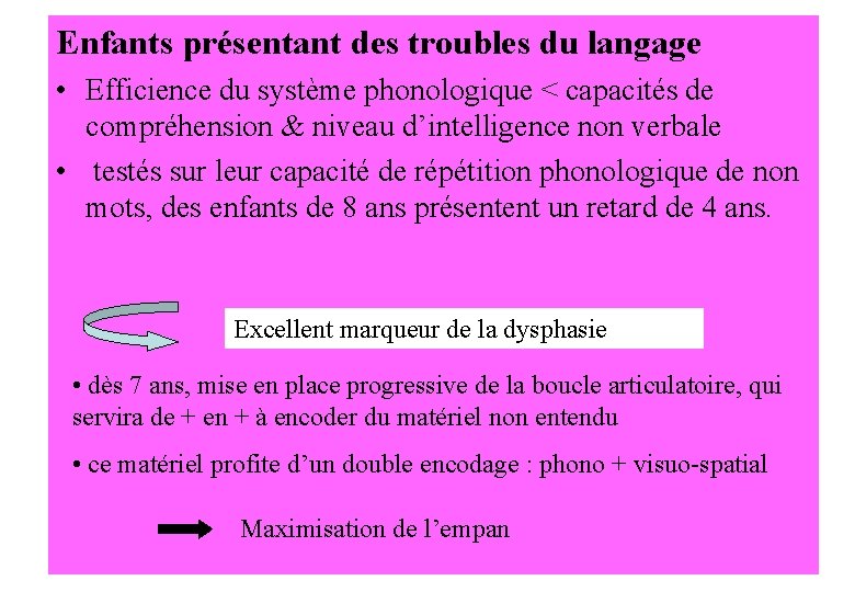 Enfants présentant des troubles du langage • Efficience du système phonologique < capacités de