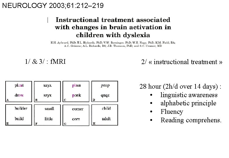NEUROLOGY 2003; 61: 212– 219 1/ & 3/ : f. MRI 2/ « instructional
