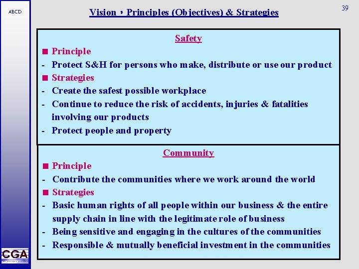 ABCD Vision，Principles (Objectives) & Strategies Safety < Principle - Protect S&H for persons who