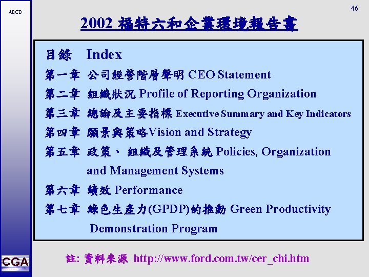 ABCD 46 2002 福特六和企業環境報告書 目錄　Index 第一章 公司經營階層聲明 CEO Statement 第二章 組織狀況 Profile of Reporting