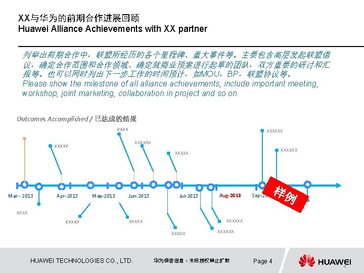 XX与华为的前期合作进展回顾 Huawei Alliance Achievements with XX partner 列举出前期合作中，联盟所经历的各个里程碑、重大事件等。主要包含高层发起联盟倡 议，确定合作范围和合作领域、确定就商业预案进行起草的团队，双方重要的研讨和汇 报等。也可以同时列出下一步 作的时间预计，如MOU，BP，联盟协议等。 Please show the