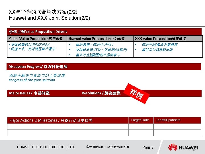XX与华为的联合解决方案(2/2) Huawei and XXX Joint Solution(2/2) 价值主张Value Proposition Drivers Client Value Proposition客户价值 Huawei Value