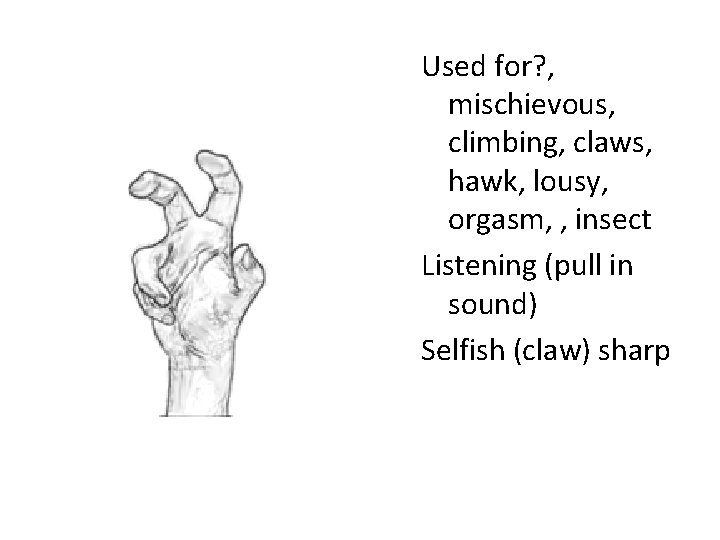 Used for? , mischievous, climbing, claws, hawk, lousy, orgasm, , insect Listening (pull in
