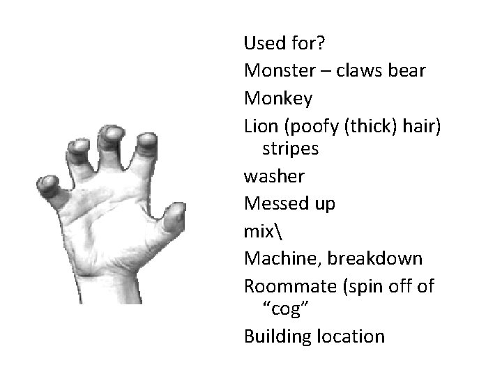 Used for? Monster – claws bear Monkey Lion (poofy (thick) hair) stripes washer Messed