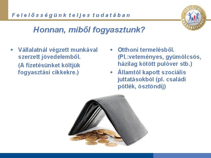Felelősségünk teljes tudatában Honnan, miből fogyasztunk? § Vállalatnál végzett munkával szerzett jövedelemből. (A fizetésünket
