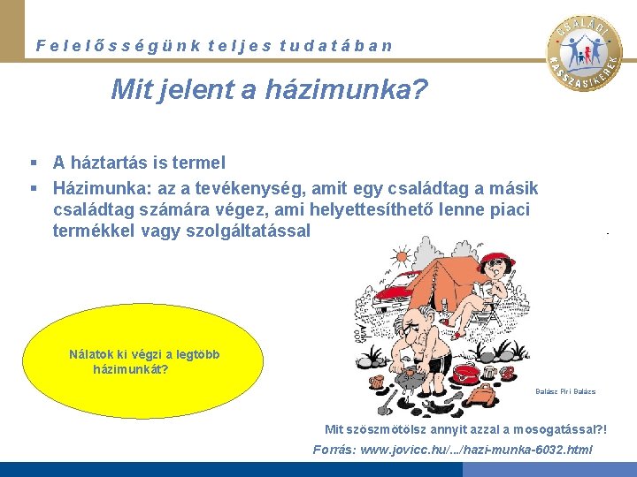 Felelősségünk teljes tudatában Mit jelent a házimunka? § A háztartás is termel § Házimunka: