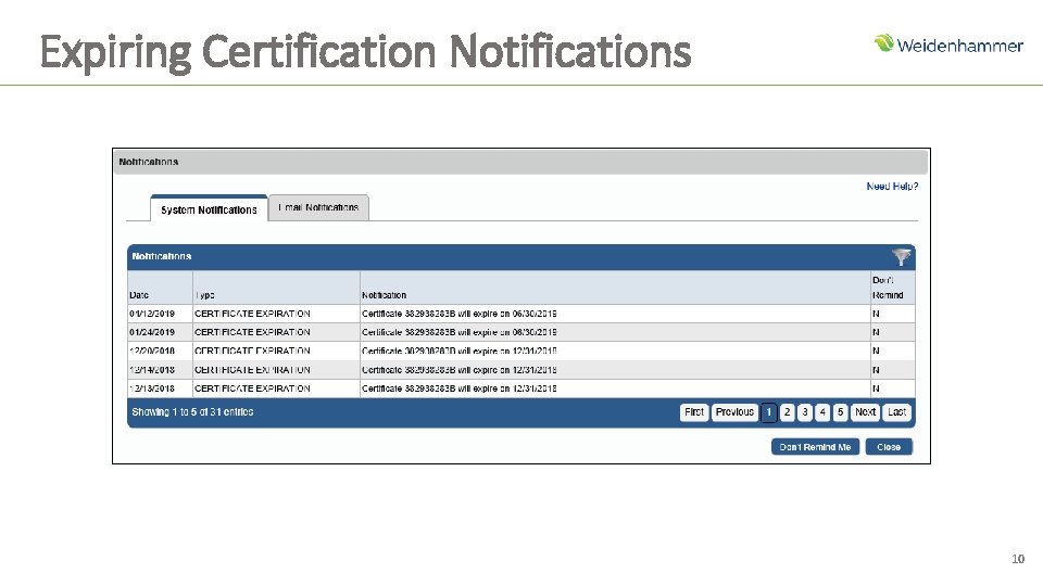 Expiring Certification Notifications 10 