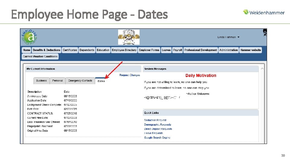 Employee Home Page - Dates 30 