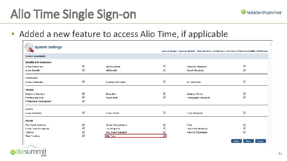Alio Time Single Sign-on • Added a new feature to access Alio Time, if