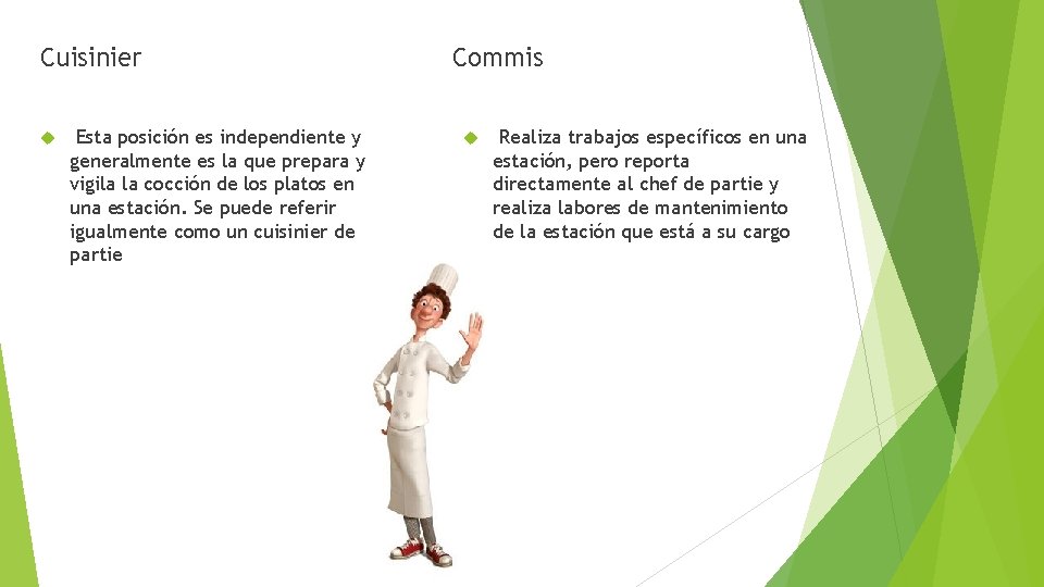 Cuisinier Esta posición es independiente y generalmente es la que prepara y vigila la