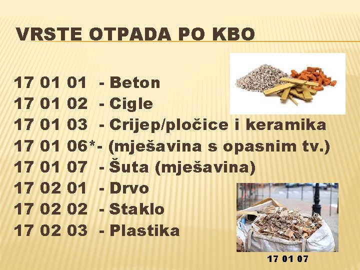 VRSTE OTPADA PO KBO 17 17 01 01 01 02 02 02 01 -