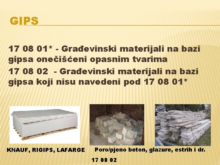 GIPS 17 08 01* - Građevinski materijali na bazi gipsa onečišćeni opasnim tvarima 17