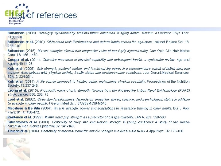 List of references Bohannon (2008). Hand-grip dynamometry predicts future outcomes in aging adults. Review.