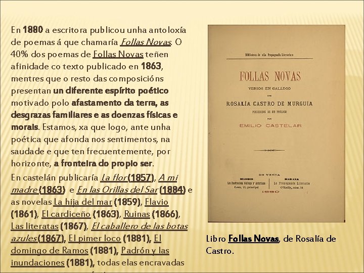En 1880 a escritora publicou unha antoloxía de poemas á que chamaría Follas Novas.