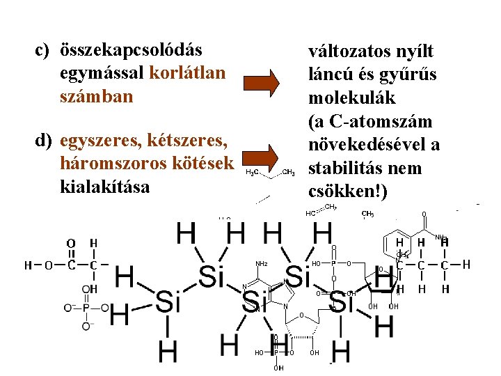 c) összekapcsolódás egymással korlátlan számban d) egyszeres, kétszeres, háromszoros kötések kialakítása változatos nyílt láncú