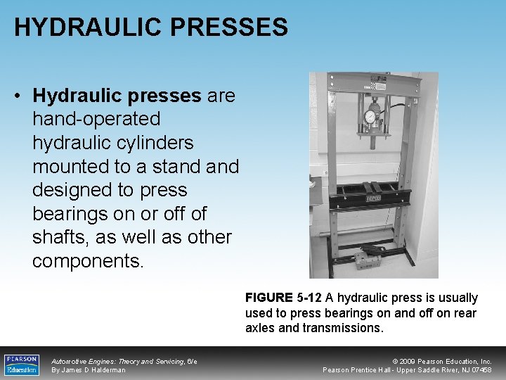 HYDRAULIC PRESSES • Hydraulic presses are hand-operated hydraulic cylinders mounted to a stand designed