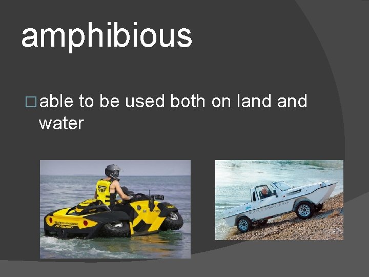 amphibious � able to be used both on land water 