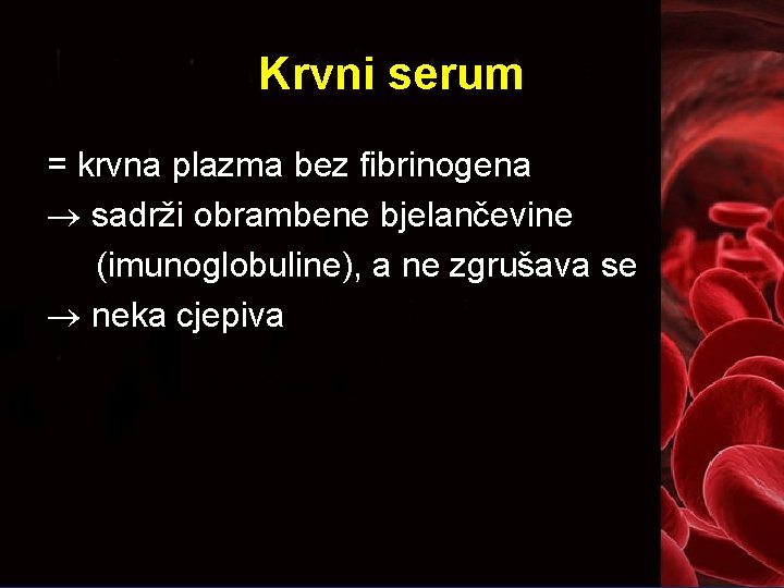 Krvni serum = krvna plazma bez fibrinogena sadrži obrambene bjelančevine (imunoglobuline), a ne zgrušava
