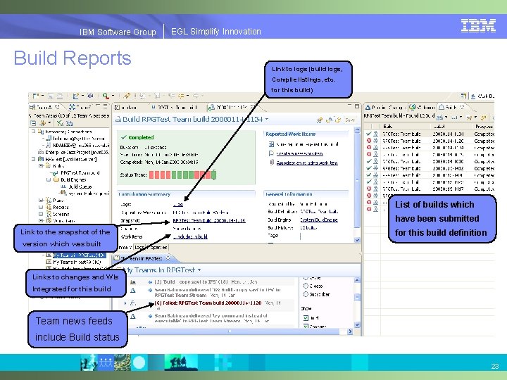 EGLSimplify. Innovation IBMSoftware. Group | EGL Build Reports Link to logs (build logs, Compile