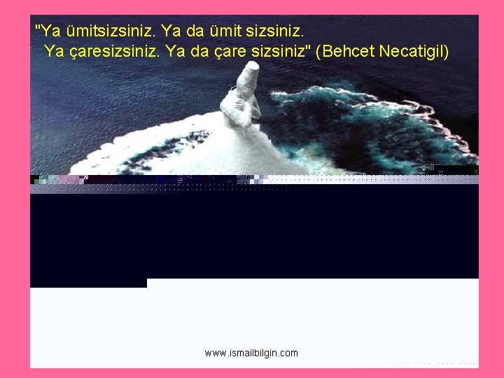 "Ya ümitsizsiniz. Ya da ümit sizsiniz. Ya çaresizsiniz. Ya da çare sizsiniz" (Behcet Necatigil)