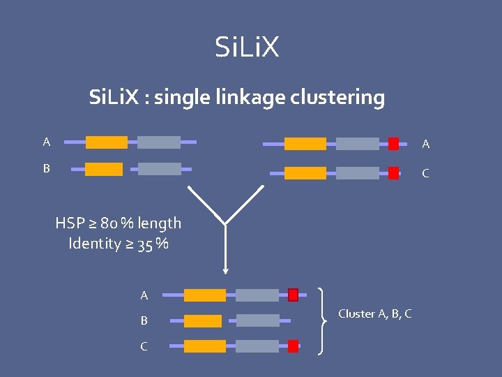 Si. Li. X : single linkage clustering A A B C HSP ≥ 80