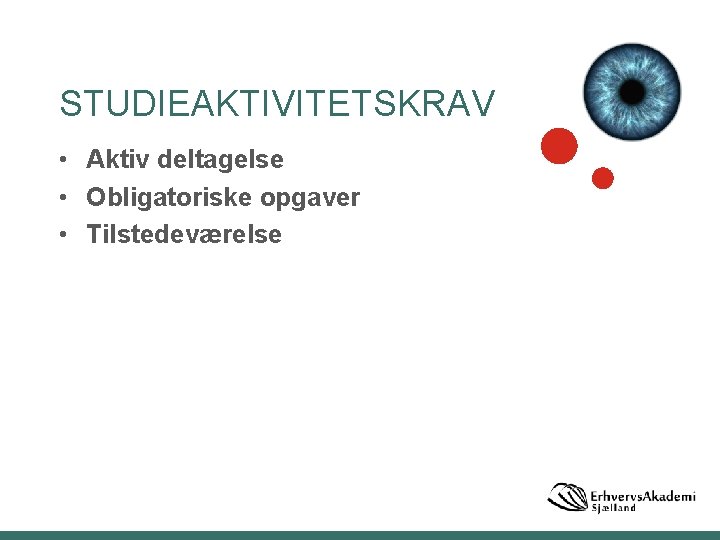 STUDIEAKTIVITETSKRAV • Aktiv deltagelse • Obligatoriske opgaver • Tilstedeværelse 