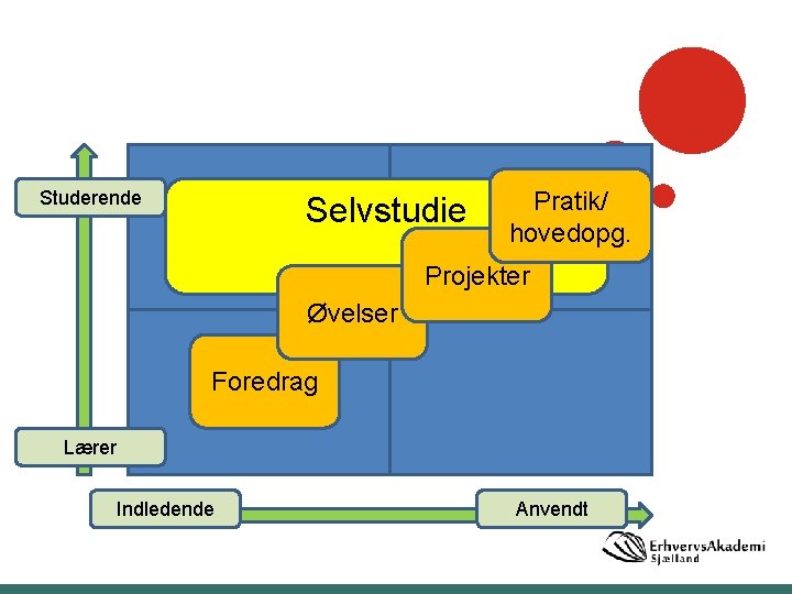 Studerende Selvstudie Pratik/ hovedopg. Projekter Øvelser Foredrag Lærer Indledende Anvendt 