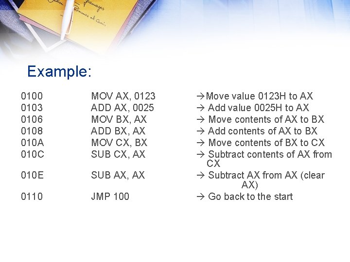 Example: 0100 0103 0106 0108 010 A 010 C MOV AX, 0123 ADD AX, Example: 0100 0103 0106 0108 010 A 010 C MOV AX, 0123 ADD AX,