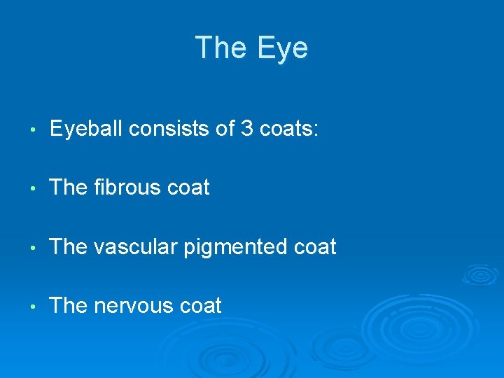 The Eye • Eyeball consists of 3 coats: • The fibrous coat • The