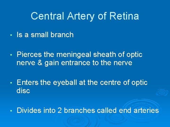 Central Artery of Retina • Is a small branch • Pierces the meningeal sheath