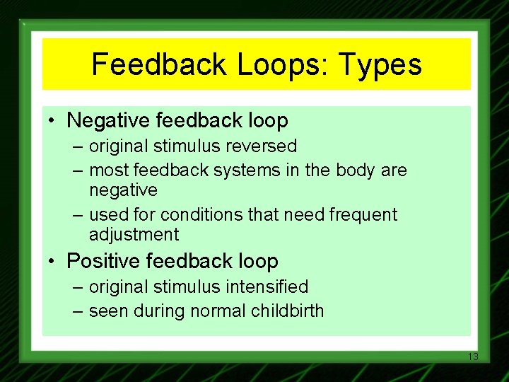 Feedback Loops: Types • Negative feedback loop – original stimulus reversed – most feedback