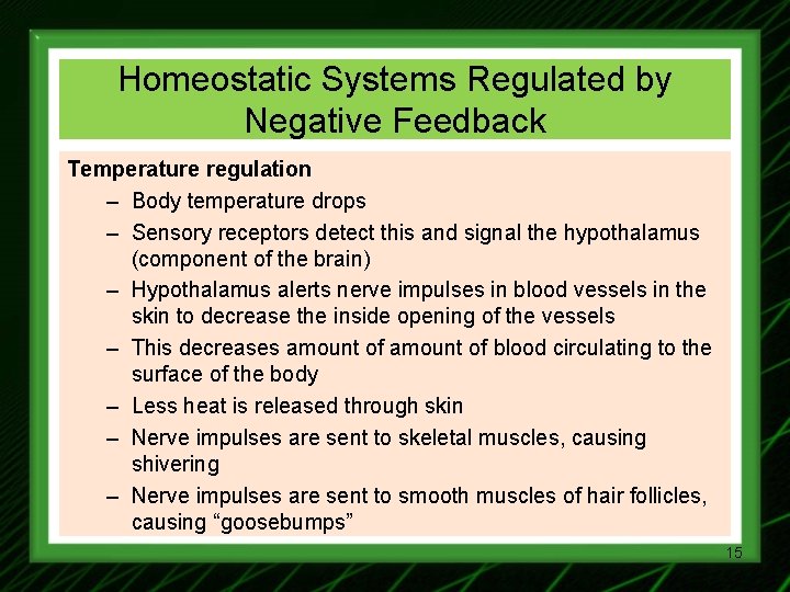 Homeostatic Systems Regulated by Negative Feedback Temperature regulation – Body temperature drops – Sensory