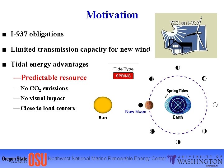 Motivation ■ I-937 obligations ■ Limited transmission capacity for new wind ■ Tidal energy