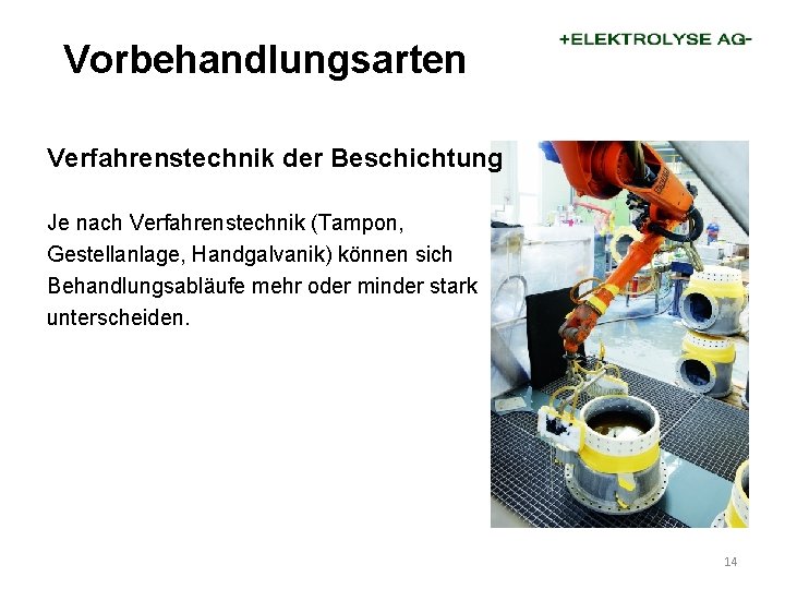 Vorbehandlungsarten Verfahrenstechnik der Beschichtung Je nach Verfahrenstechnik (Tampon, Gestellanlage, Handgalvanik) können sich Behandlungsabläufe mehr