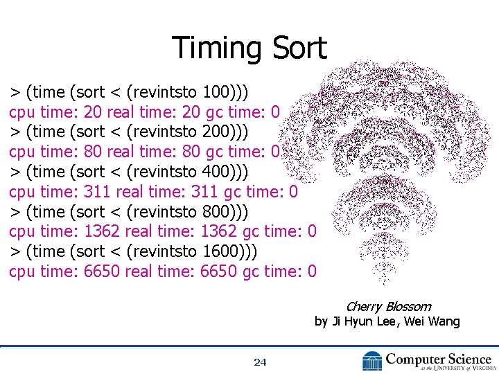 Timing Sort > (time (sort < (revintsto 100))) cpu time: 20 real time: 20