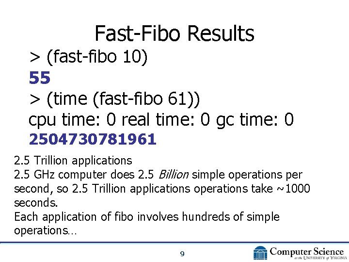 Fast-Fibo Results > (fast-fibo 10) 55 > (time (fast-fibo 61)) cpu time: 0 real