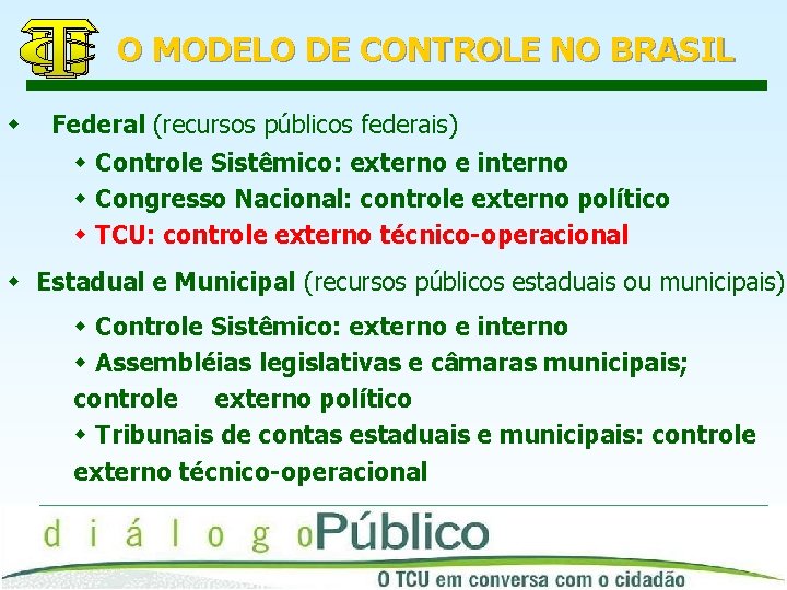 O MODELO DE CONTROLE NO BRASIL w Federal (recursos públicos federais) w Controle Sistêmico: