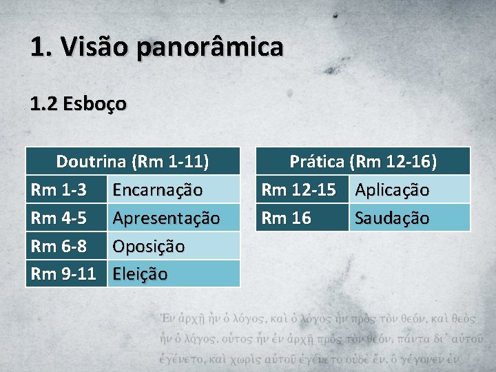 1. Visão panorâmica 1. 2 Esboço Doutrina (Rm 1 -11) Rm 1 -3 Encarnação