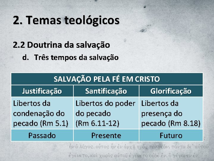 2. Temas teológicos 2. 2 Doutrina da salvação d. Três tempos da salvação SALVAÇÃO