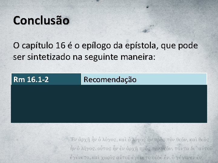 Conclusão O capítulo 16 é o epílogo da epístola, que pode ser sintetizado na