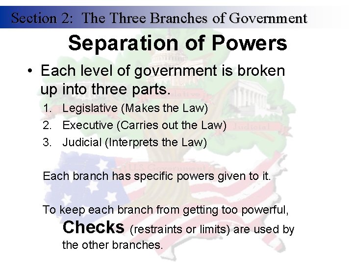 Section 2: The Three Branches of Government Separation of Powers • Each level of