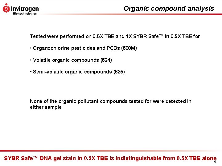 Organic compound analysis Tested were performed on 0. 5 X TBE and 1 X