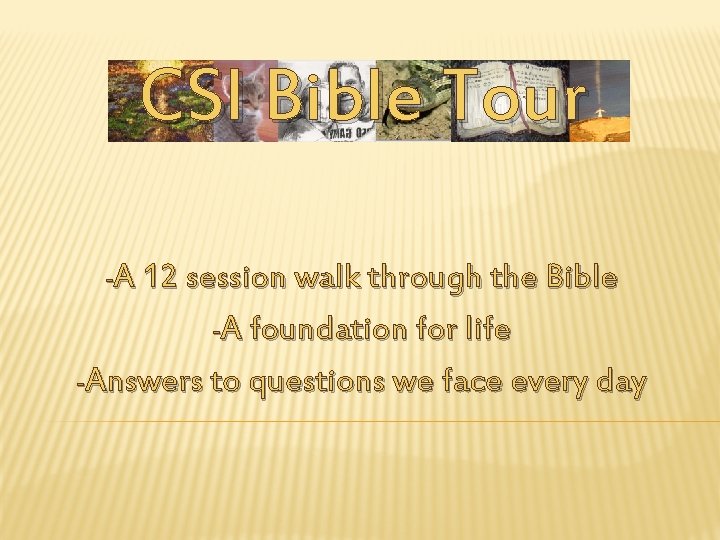 CSI Bible Tour -A 12 session walk through the Bible -A foundation for life